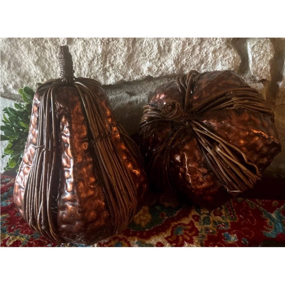 2 Hammered Metal Copper? Rattan Pumpkins Center Piece Fall Decor 11"x7" 8.5"x9"